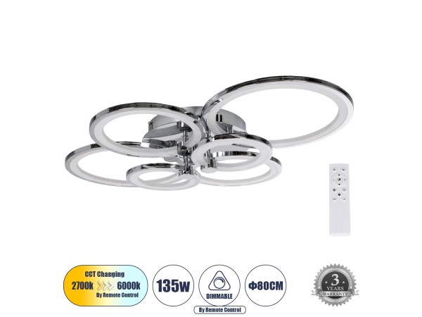 GLOBOSTAR® ROYAL-R 61324 Μοντέρνο Φωτιστικό Οροφής LED 135W 16200lm 360° AC 220-240V IP20 Ρυθμιζόμενο Λευκό CCT με Χειριστήριο από 2700K έως 6000K Dimmable - Lumileds SMD Chip - Ασημί Νίκελ - Μ80.5 x Π59 x Υ12cm - 3 Χρόνια Εγγύηση