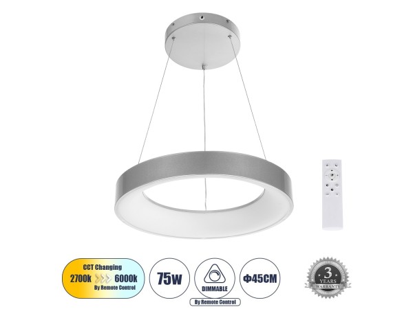 GLOBOSTAR® SALEM 61242 Μοντέρνο Κρεμαστό Φωτιστικό Οροφής LED 75W 8625lm 120° AC 220-240V IP20 Ρυθμιζόμενο Λευκό CCT με Χειριστήριο από 2700K έως 6000K Dimmable - Lumileds SMD Chip - Γκρι - Μ45 x Π45 x Υ6cm - 3 Χρόνια Εγγύηση