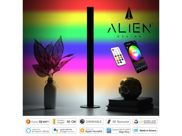 GloboStar® ALIEN-DIVA-BLACK-50-12 ALIEN Design DIVA Μοντέρνο Minimal Nordic Μεταλλικό Φωτιστικό Επιτραπέζιο - Πορτατίφ - Λαμπατέρ Μαύρο LED 10W 1500lm με Ασύρματο Χειριστήριο RF & Dimmer IP20 Πολύχρωμο RGBW + WW Smart Home Wi-Fi Μ3 x Π1.6 x Υ50cm
