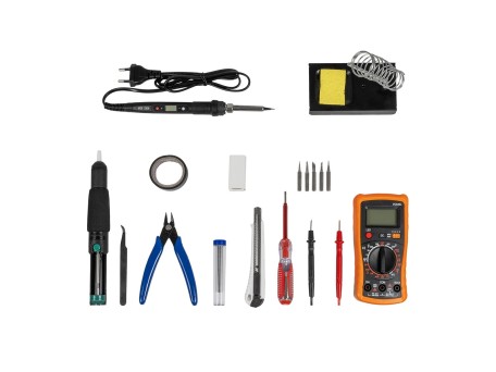 GLOBOSTAR® ELEKIT 79978 Ολοκληρωμένο DIY ΚΙΤ Εργαλείων Ηλεκτρονικού - Κολλητήρι & Βάση, Απορροφητική Τρόμπα Κόλλησης, Πλαγιοκόφτης, Τσιμπιδάκι Tweezer, Πενσέτα, Καλάι Κόλλησης, Κοπίδια, Φαλτσέτες & Ψηφιακό Πολύμετρο - Μ26 x Π18 x Υ5.5cm