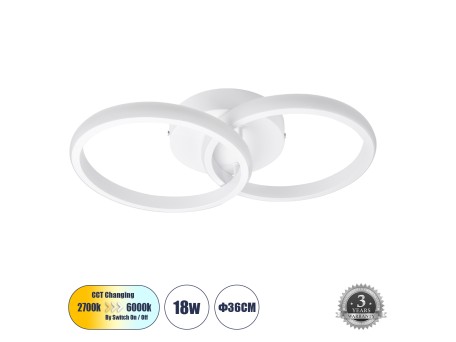 GLOBOSTAR® CORA 61059 Μοντέρνο Φωτιστικό Οροφής LED 18W 2160lm 300° AC 220-240V IP20 Ρυθμιζόμενο Λευκό CCT με On/Off 2700K/4500K/6000K - Lumileds SMD Chip - Λευκό Ματ - Μ36 x Π20.5 x Υ7cm - 3 Χρόνια Εγγύηση