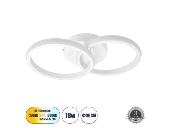 GLOBOSTAR® CORA 61059 Μοντέρνο Φωτιστικό Οροφής LED 18W 2160lm 300° AC 220-240V IP20 Ρυθμιζόμενο Λευκό CCT με On/Off 2700K/4500K/6000K - Lumileds SMD Chip - Λευκό Ματ - Μ36 x Π20.5 x Υ7cm - 3 Χρόνια Εγγύηση