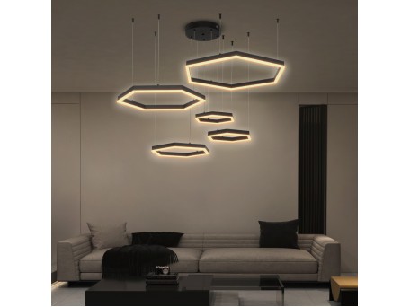 kelvo® LEXAGON KLV-101-0179 Κρεμαστό Φωτιστικό Οροφής LED 120W 12000lm 200° AC 220-240V IP20 Ρυθμιζόμενο Λευκό CCT με Χειριστήριο από 2700K έως 6000K Dimmable - Lumileds SMD Chip - Μαύρο Ματ - Μ110 x Π90 x Υ110cm - 3 Χρόνια Εγγύηση