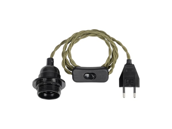 GLOBOSTAR® WHIP 77667 Μοντέρνο DIY Φωτιστικό με Πλεκτό Καλώδιο, Ντουί 1 x E27, Διακόπτη On/Off & Πρίζα AC 220-240V IP20 - Χακί & Μαύρο - Μ150 x Π5.8 x Υ5.8cm