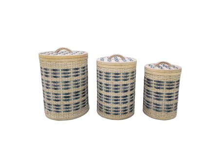 TELENDOS ΚΑΛΑΘΙ ΜΕ ΚΑΠΑΚΙ SET 3ΤΜΧ 36x36x52cm ΞΥΛΟ ΕΛΑΤΟΥ WHITE WASHED ΜΠΛΕ ΥΦΑΣΜΑ