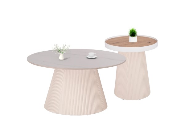 ΣΕΤ 2ΤΜΧ ΤΡΑΠΕΖΙΑ ΣΑΛΟΝΙΟΥ DUNCAN HM21082 MDF ΚΡΕΜ ΚΑΙ ΚΕΡΑΜΙΚΟ TOP Φ80εκ & Φ45εκ